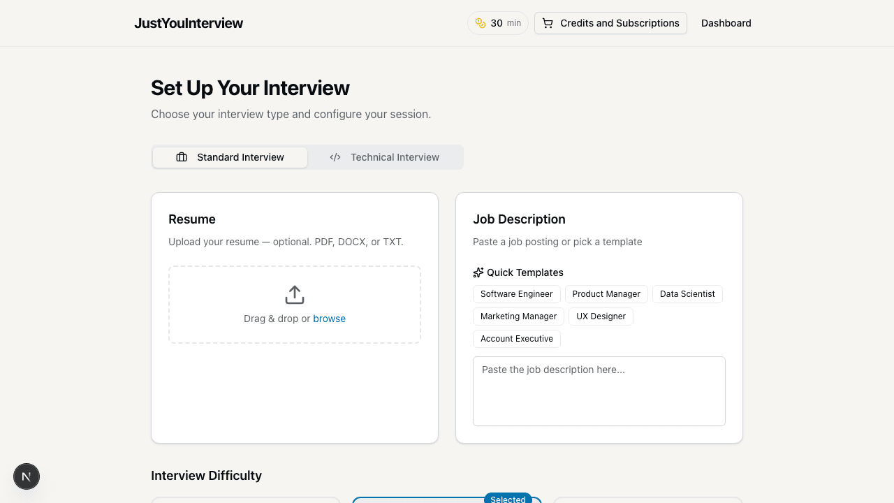 Interview setup screen